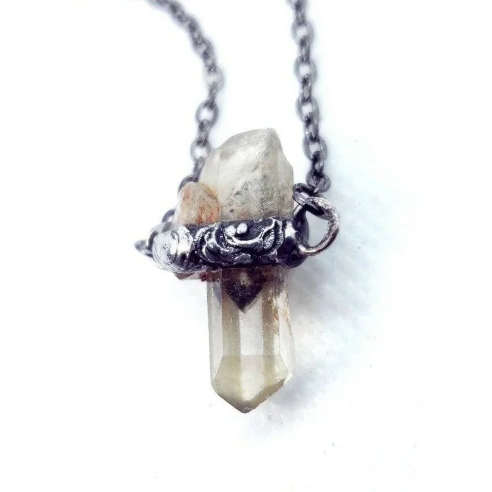 Raw quartz crystal necklace handmade gothic metalwork jewelry men's minimal - Picture 1 of 11